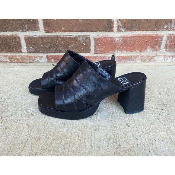 size 6.5 vintage y2k BLACK STITCHED Peep Toe PLATFORMS chunky leather square toe - Picture 3 of 10